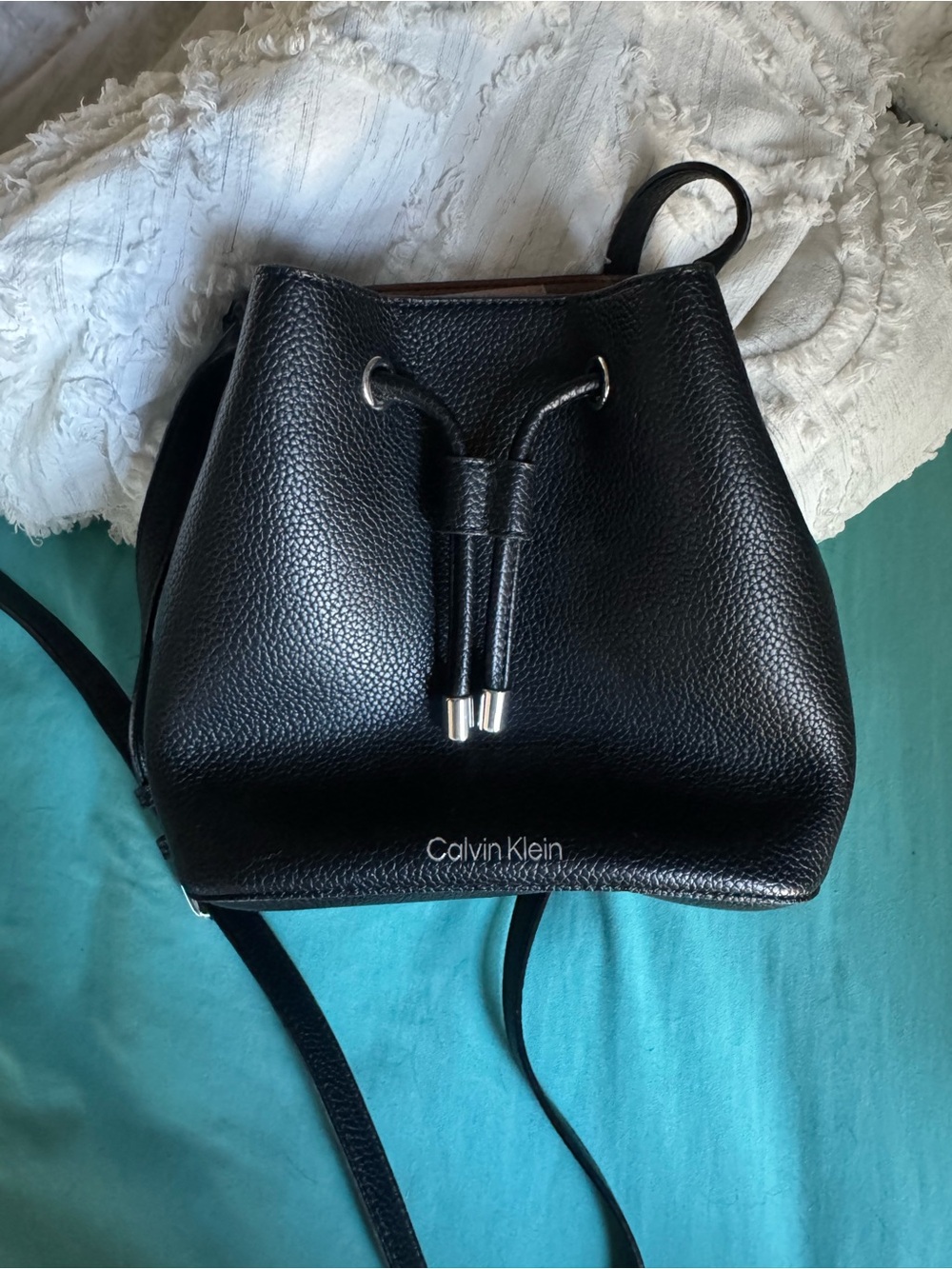 Calvin Klein Black Pebbled Leather Drawstring Backpack